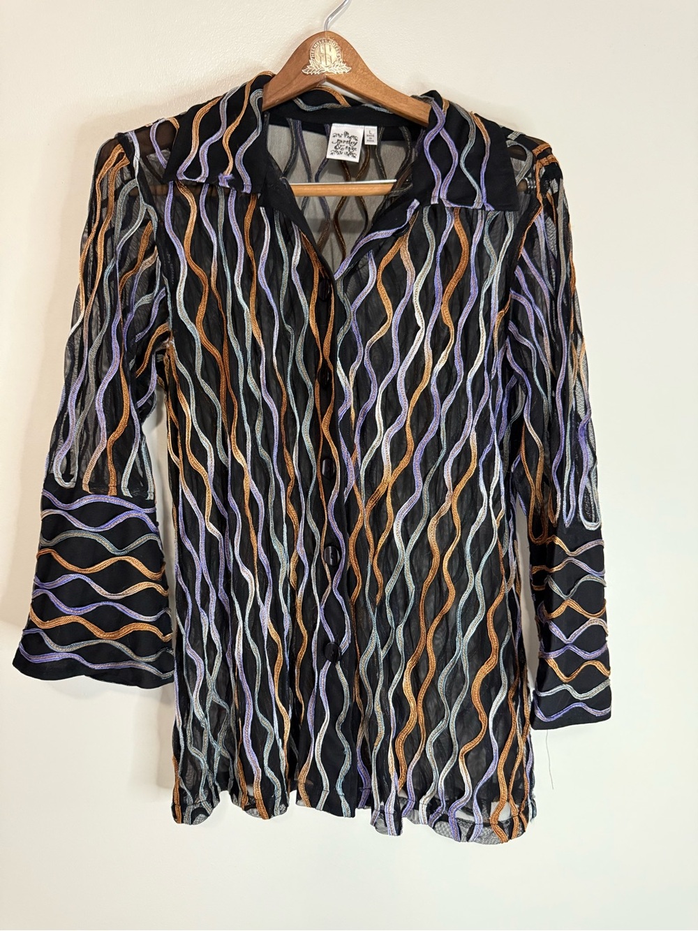 Parsley & sage Women's Black Wave-Stripe Sheer Button-Front Top size large